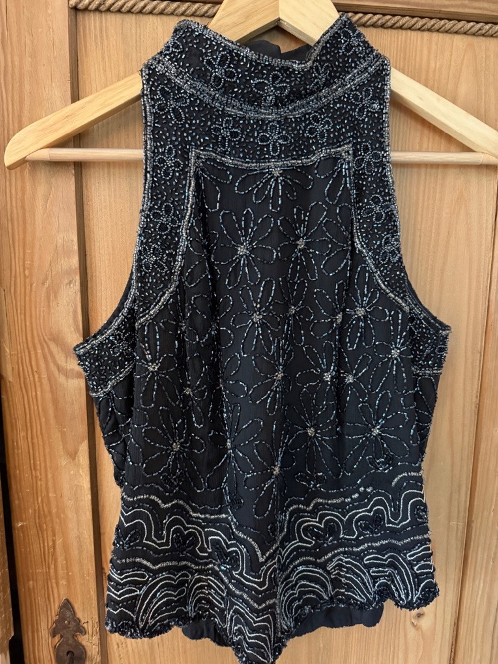 Papell Boutique Black Beaded Evening Top with Silver and blue Beadwork